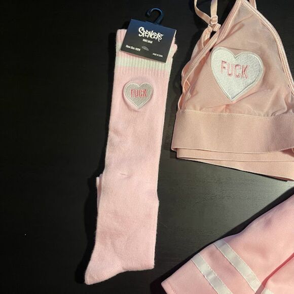 NWT Spencer's Light Pink Heart Set Bra Skirt & Socks Kawaii Outfit Size Small - Picture 4 of 6